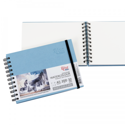 Блокнот для акварелі А5 на спіралі горизонтальний Watercolor by SM-LT Art 200 г/м², 32 аркуші, білий папір, Голубий ROSA Studio