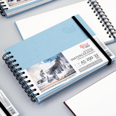 Блокнот для акварелі А5 на спіралі горизонтальний Watercolor by SM-LT Art 200 г/м², 32 аркуші, білий папір, Голубий ROSA Studio
