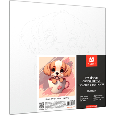Холст хлопок на ХДФ с контуром Песик в чашке 20x20, акриловый грунт, Arteo Холст хлопок на ХДФ с контуром Песик в чашке 20x20, акриловый грунт, Arteo