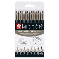 Набор лайнеров PIGMA MICRON 8 шт, (0.1/0.5/10/линер-кисть Pigma Brush), Серый/Серый светлый, Sakura (POXSDK8C)