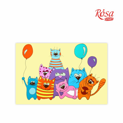 Полотно на картоне с контуром Мультфильм №33 Котики с шариками 20x30 хлопок акрил ROSA START