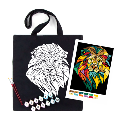 Набор экосумка-раскраска с красками, черная, Неоновый лев, хлопок 200 г/м2, 38х42см, ROSA Talent