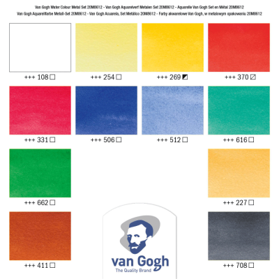 Набір акварельних фарб, VAN GOGH, 12 кол. в кюветах+пензлик, метал., Royal Talens
