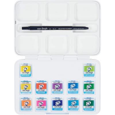 Набір акварельних фарб, VAN GOGH, Pocket box VIBRANT COLOURS, 12 кювет+пензлик, пластик, Royal Talen