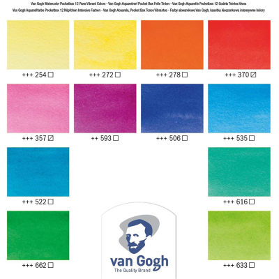 Набір акварельних фарб, VAN GOGH, Pocket box VIBRANT COLOURS, 12 кювет+пензлик, пластик, Royal Talen