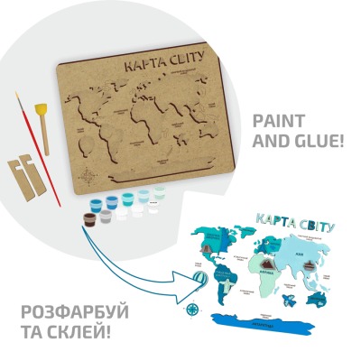 Набір, Карта світу 3D, МДФ, 30,5х37,5 см, ROSA Talent