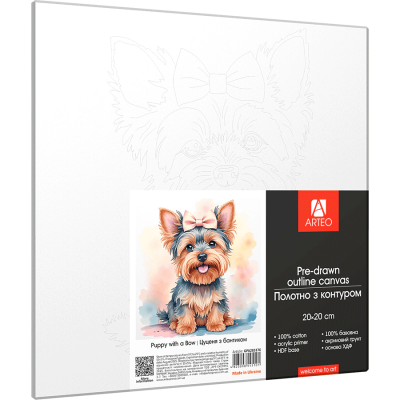 Холст хлопок на ХДФ с контуром Щенок с бантиком 20x20, акриловый грунт, Arteo Холст хлопок на ХДФ с контуром Щенок с бантиком 20x20, акриловый грунт, Arteo