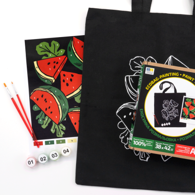 Набор экосумка-раскраска с красками, черная, Арбузы, хлопок 200 г/м2, 38х42см, ROSA Talent Набор экосумка-раскраска с красками, черная, Арбузы, хлопок 200 г/м2, 38х42см, ROSA Talent