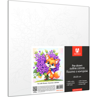 Холст хлопок на ХДФ с контуром Лисичка с цветами 20x20, акриловый грунт, Arteo