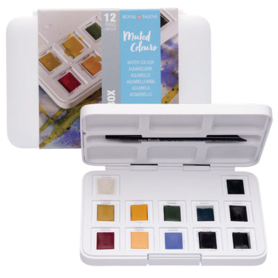 Набор акварельных красок VAN GOGH Pocket box MUTED COLOURS 12 кювет + кисточка, Royal Talens