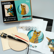 Набор для выжигания картины на дереве Cats с красками в коробке ROSA Start