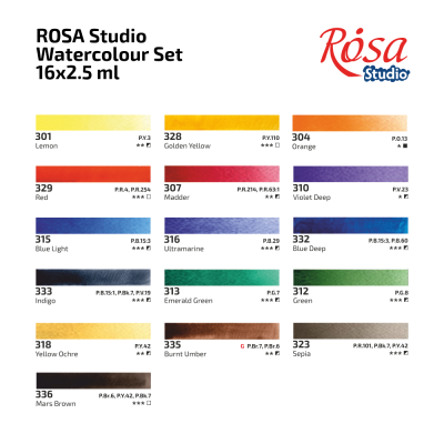 Набор акварельных красок ROSA Studio PLEIN AIR, 16x2,5 мл, кюветы, картонная упаковка