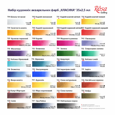 Набір акварельних фарб Класика 35 кол, в металевому пеналі, кювета, ROSA Gallery 340035