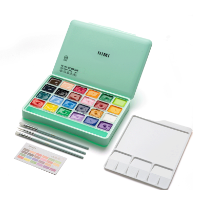 Набор гуашевых красок HIMI Jelly Cup 24x30 мл, 3 кисти, зеленый пластиковый пенал Набор гуашевых красок HIMI Jelly Cup 24x30 мл, 3 кисти, зеленый пластиковый пенал