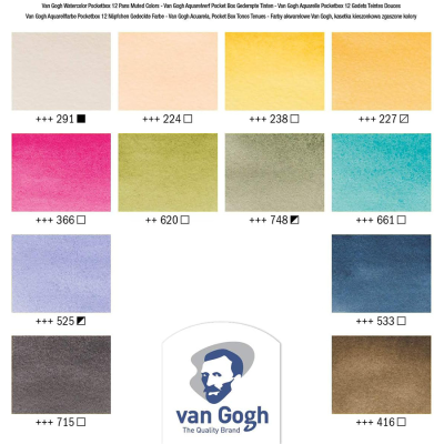 Набір акварельних фарб, VAN GOGH, Pocket box MUTED COLOURS, 12 кювет+пензлик, пластик, Royal Talens
