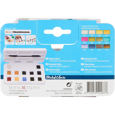 Набір акварельних фарб, VAN GOGH, Pocket box MUTED COLOURS, 12 кювет+пензлик, пластик, Royal Talens