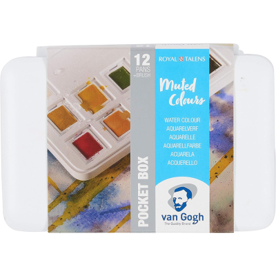 Набір акварельних фарб, VAN GOGH, Pocket box MUTED COLOURS, 12 кювет+пензлик, пластик, Royal Talens