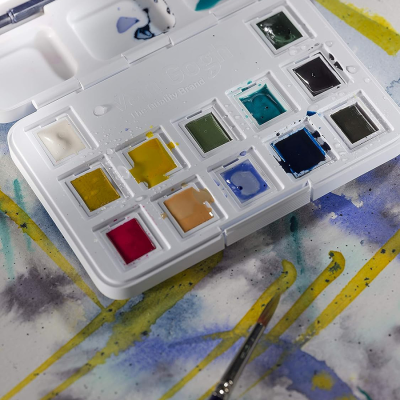 Набір акварельних фарб, VAN GOGH, Pocket box MUTED COLOURS, 12 кювет+пензлик, пластик, Royal Talens