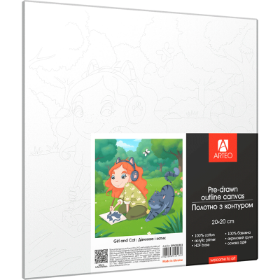 Холст хлопок на ХДФ с контуром Девочка и котик 20x20, акриловый грунт, Arteo Холст хлопок на ХДФ с контуром Девочка и котик 20x20, акриловый грунт, Arteo