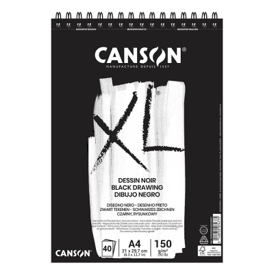 Альбом для эскизов на спирали XL Dessin Black, А4 (21*29,7 см), 150 г/м2, 40л, черный цвет, Canson