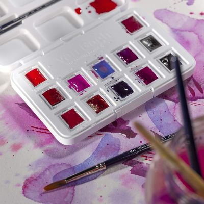 Набір акварельних фарб, VAN GOGH, Pocket box PINKS VIOLETS, 12 кювет+пензлик, пластик, Royal Talen