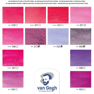 Набір акварельних фарб, VAN GOGH, Pocket box PINKS VIOLETS, 12 кювет+пензлик, пластик, Royal Talen
