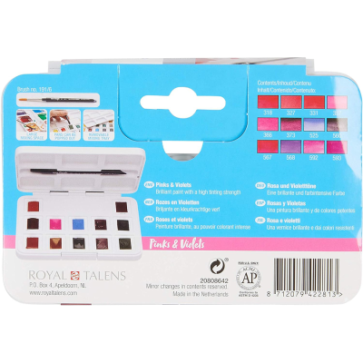 Набір акварельних фарб, VAN GOGH, Pocket box PINKS VIOLETS, 12 кювет+пензлик, пластик, Royal Talen