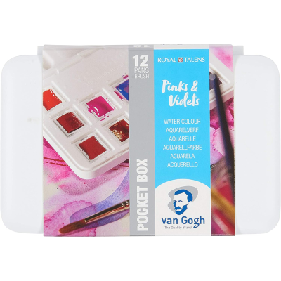 Набір акварельних фарб, VAN GOGH, Pocket box PINKS VIOLETS, 12 кювет+пензлик, пластик, Royal Talen