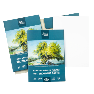 Папка бумаги для акварели А4 21х29,7см 220-200г/м2 20л Среднее и Мелкое зерно ROSA Studio