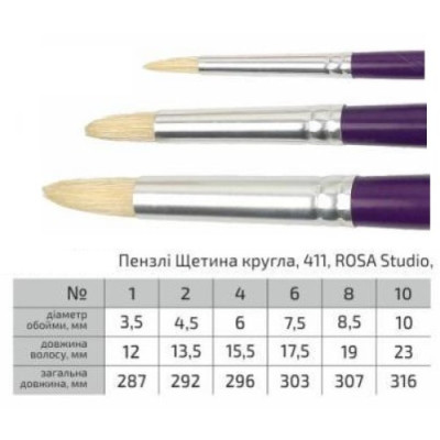 Пензлик Щетина кругла, 411, №6, довга ручка ROSA Studio