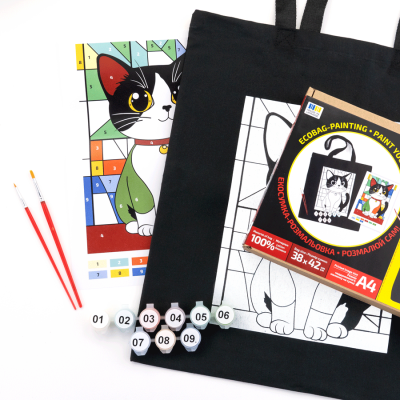 Набір екосумка-розмальовка з фарбами Яскравий кіт, бавовна 220 г/м², 38x42 см, ROSA Talent