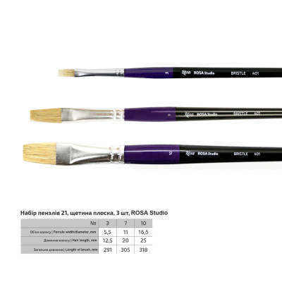 Набори кистей 21, щетина плоская, 3 шт №3,7,10, д.р ROSA Studio 186120
