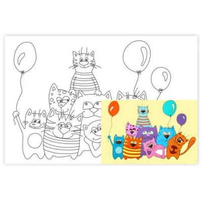 Холст на картоне с контуром, Мультфильм №33, Котики с шариками 20х30, хлопок, акрил, ROSA START