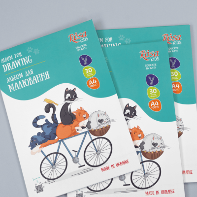 Альбом-склейка для рисования, Cats on a Vicycle, А4, 100 г/м2, 30л, ROSA Kids