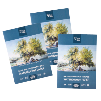 Папка бумаги для акварели А3 29,7х42см 220-200г/м2 20л Среднее и Мелкое зерно ROSA Studio