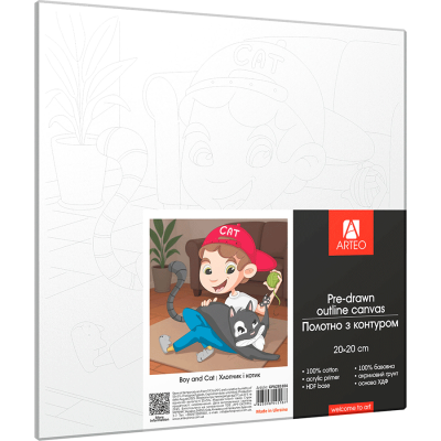 Холст хлопок на ХДФ с контуром Мальчик и котик 20x20, акриловый грунт, Arteo
