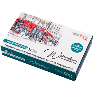 Набор акварельных красок Urban Sketching в металлическом пенале, Бирюза, 12 цветов, кювета, ROSA Gallery
