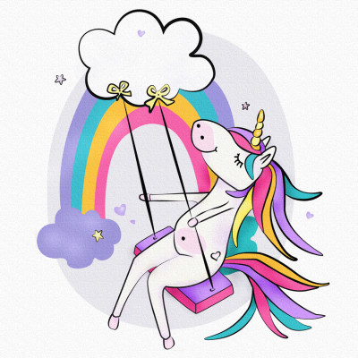 Полотно на картоні з контуром, „Єдиноріжка на гойдалці“, 20х20, бавовна, акрил, ROSA START