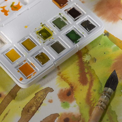 Набір акварельних фарб, VAN GOGH, Pocket box SHADES OF NATURE, 12 кювет+пензлик, пластик, Royal Tale