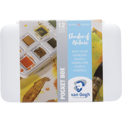 Набір акварельних фарб, VAN GOGH, Pocket box SHADES OF NATURE, 12 кювет+пензлик, пластик, Royal Tale