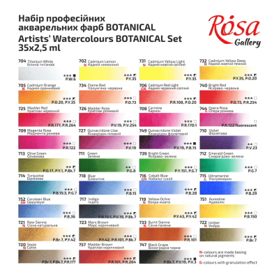 Набір акварельних фарб BOTANICAL, 35*2,5мл, кювета, Індіго метал. пенал, ROSA Gallery