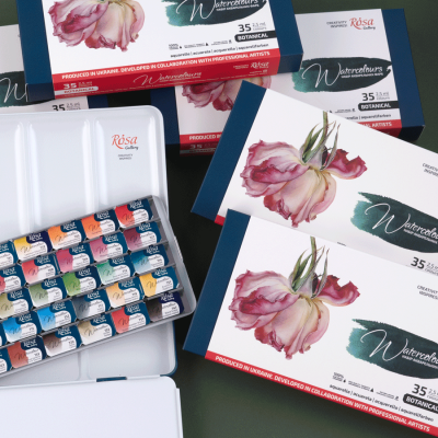 Набір акварельних фарб BOTANICAL, 35*2,5мл, кювета, Індіго метал. пенал, ROSA Gallery
