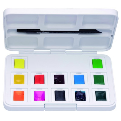 Набор акварельных красок VAN GOGH Pocket box VIBRANT COLOURS 12 кювет + кисточка, Royal Talens