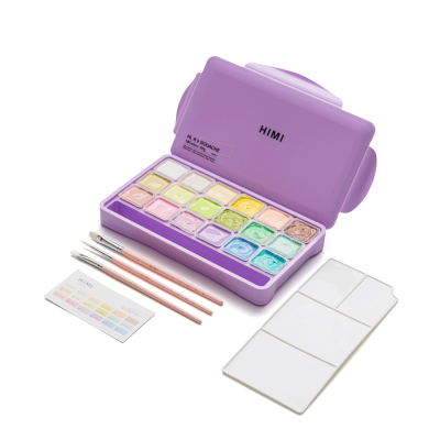 Набор гуашевых красок HIMI Jelly Cup 18x30 мл, пастельные, 3 кисти, фиолетовый пластиковый пенал Набор гуашевых красок HIMI Jelly Cup 18x30 мл, пастельные, 3 кисти, фиолетовый пластиковый пенал