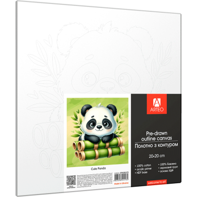 Холст хлопок на ХДФ с контуром Cute Panda 20x20, акриловый грунт, Arteo