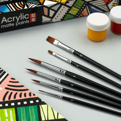 Набор кистей №5, синтетика 6шт, круглая (№1,3,4,5), плоская (№4,8) короткая ручка Arteo