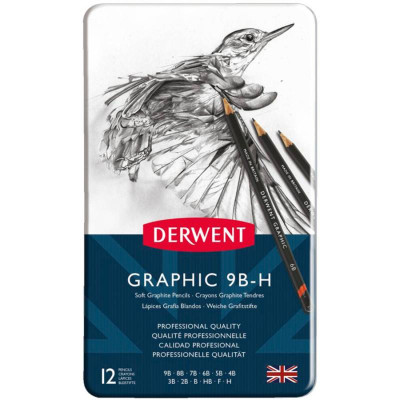 Набір графітних олівців Graphic Soft, 12 шт (9B-H), в метал. коробці, Derwent