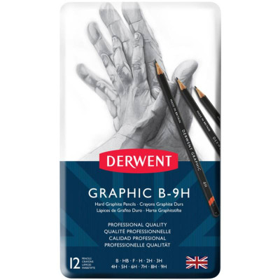 Набір графітних олівців Graphic Hard, 12 шт (B-9H), в метал. коробці, Derwent