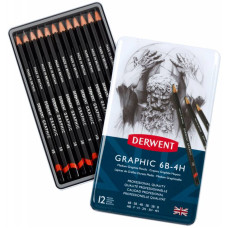Набір графітних олівців Graphic Medium, 12 шт (6B-4H), в метал. коробці, Derwent